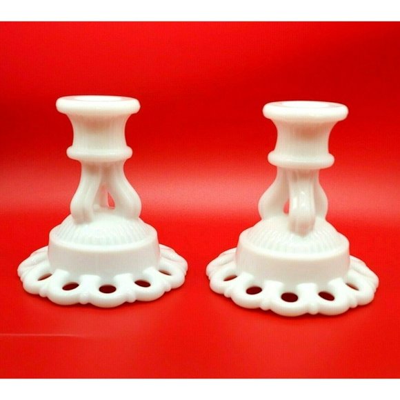 Vintage Westmorland Milk Glass Doric Lace Candlestick Holders 3 1/2" Tall - Picture 1 of 4